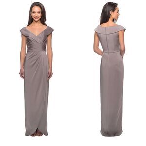 La Femme 25206 Off The Shoulder Ruched Jersey Column Gown  Pewter 8 $338